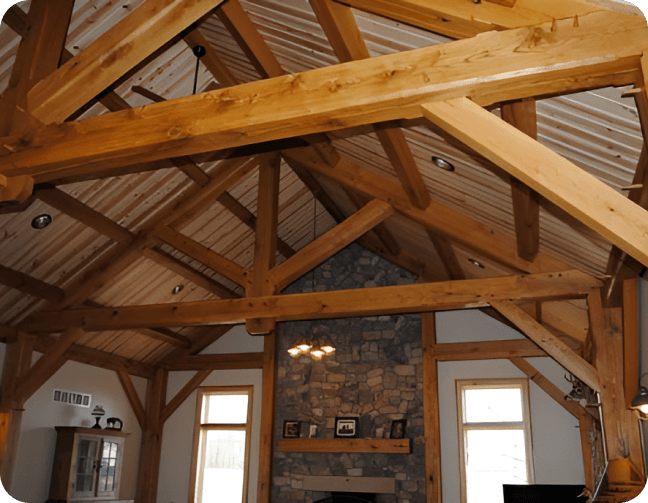 Exposed timber beams and wood ceiling.