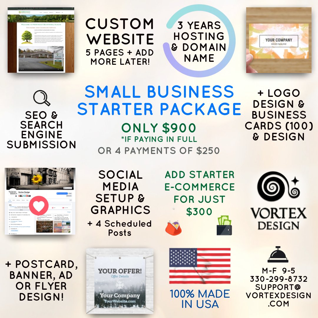 Small Business Website Design Package + Logo & Marketing. This Small Business Starter Kit includes a Custom website, logo design, business cards, social media setup, graphics and content and more! All for a super affordable price. 100% Made in America